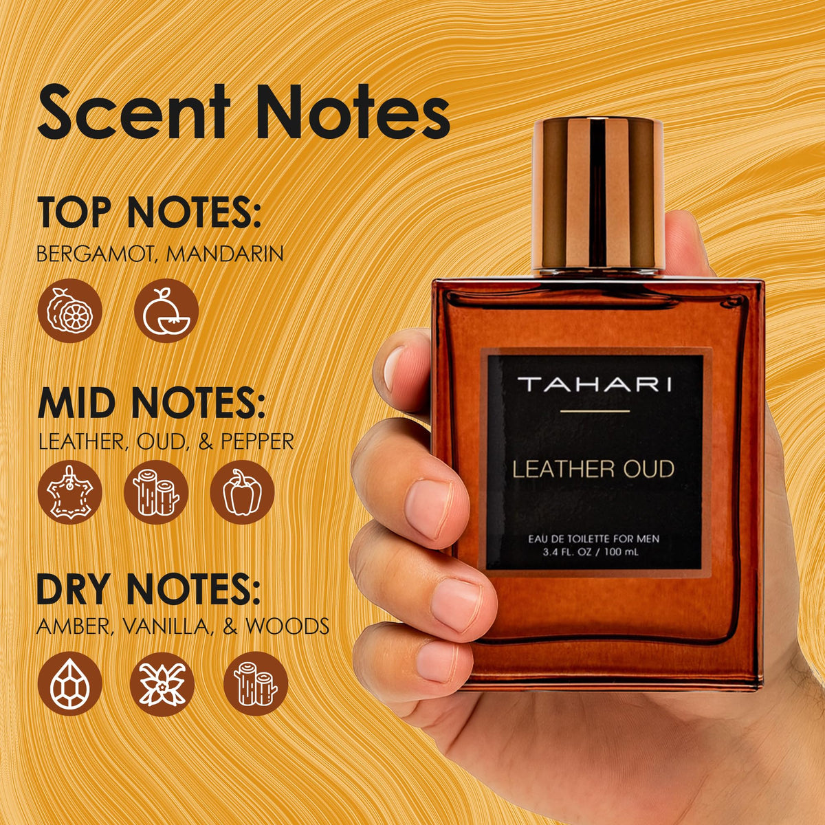 TAHARI Leather Oud bottle closeup reveals rich leather and oud notes in focus