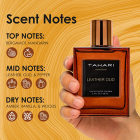 TAHARI Leather Oud bottle closeup reveals rich leather and oud notes in focus