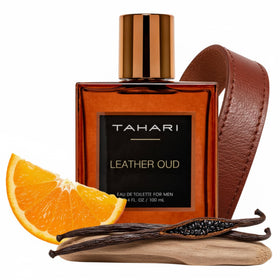 TAHARI Leather Oud bottle front highlights a bold, masculine fragrance for everyday style