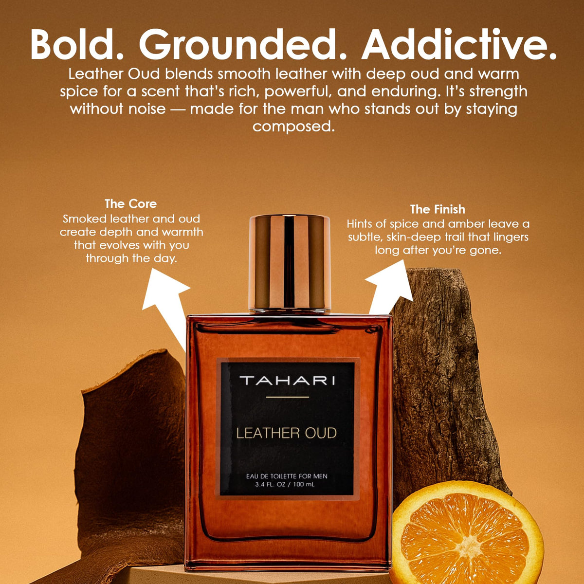 TAHARI Leather Oud dresser setup evokes versatile fragrance for formal and casual wear