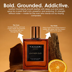 TAHARI Leather Oud dresser setup evokes versatile fragrance for formal and casual wear