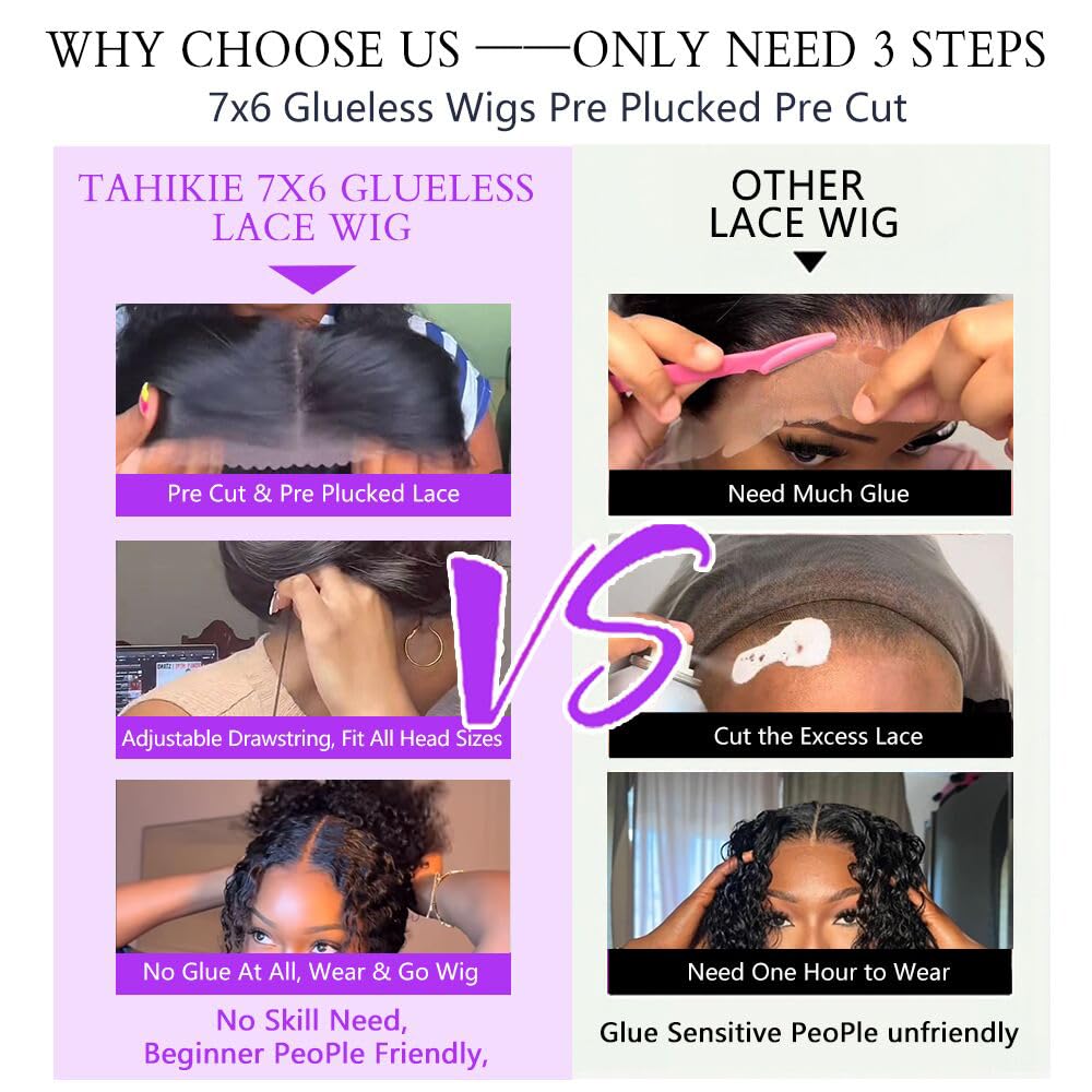 Tahikie glueless wig with pre plucked hairline enables quick, secure daily wear.