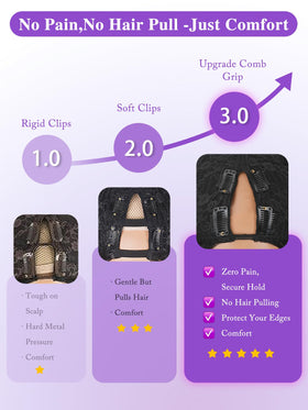 Tahikie V Part Wig upgraded comb grip reduces tension during styling.