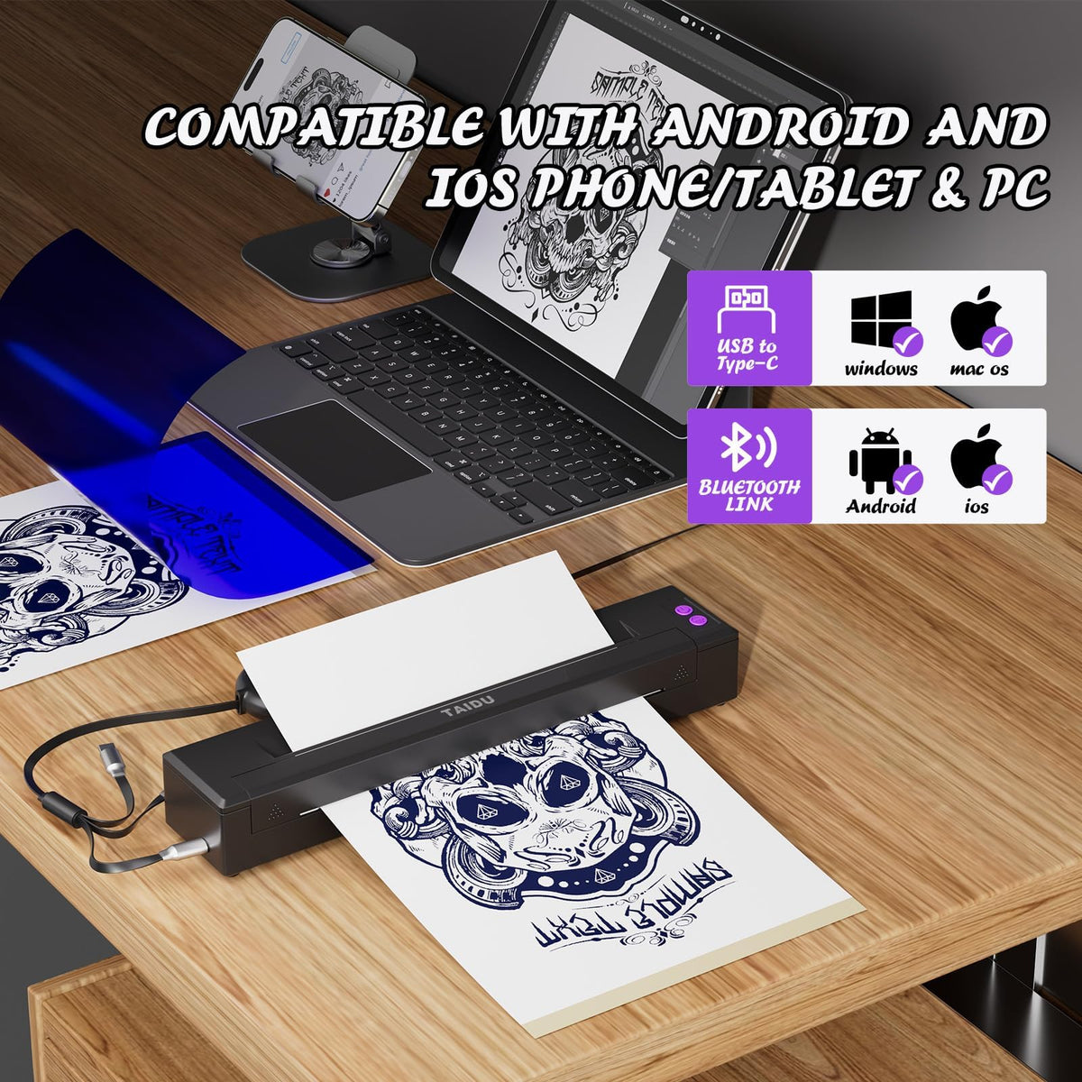 TAIDU P19 app interface highlights one tap printing and design management