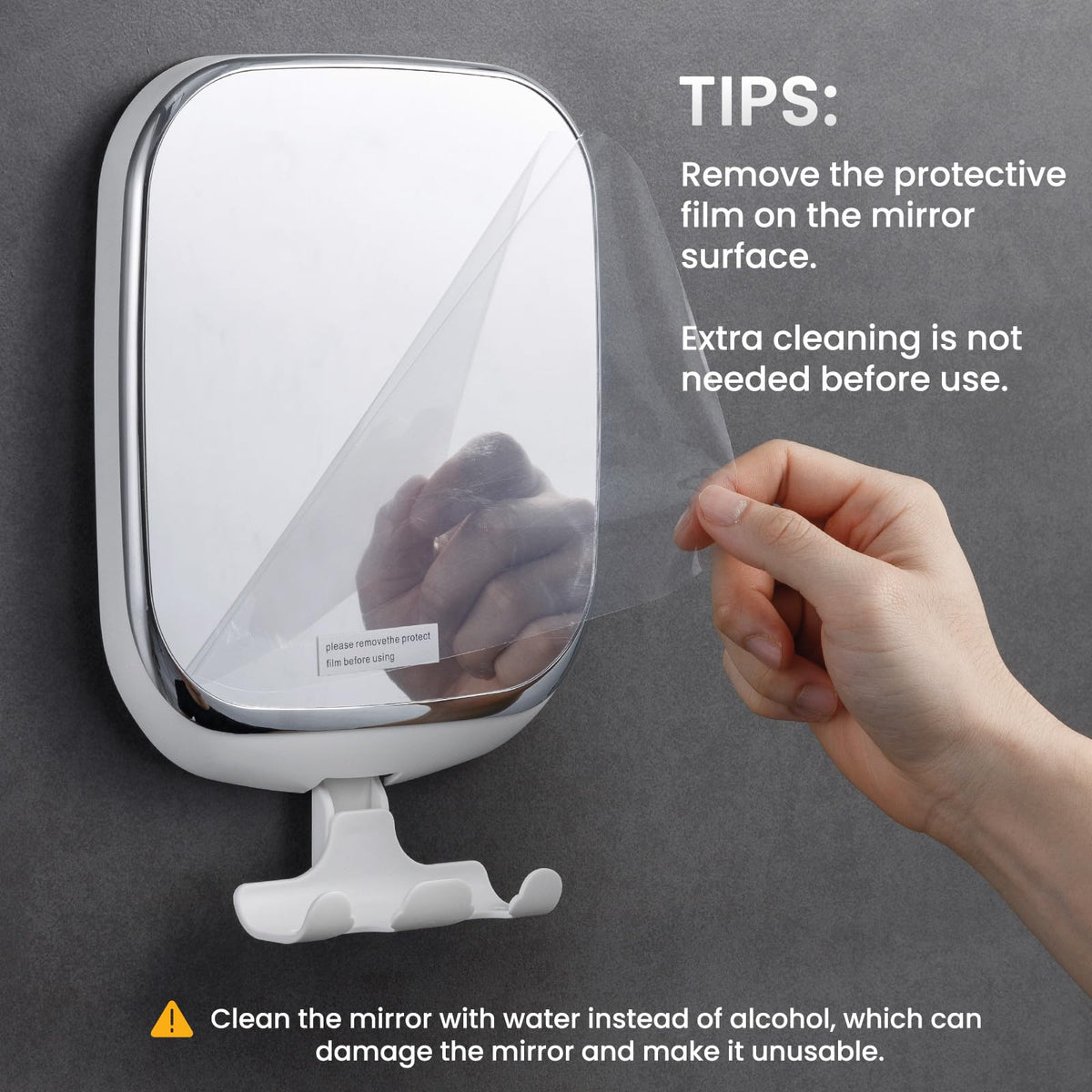 TAILI fogless mirror uses strong suction for quick no-drill mounting on smooth walls.
