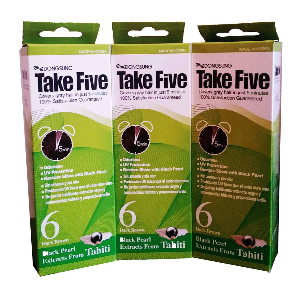 Take Five Dongsung hair dye in dark brown for fast gray coverage with UV protection.