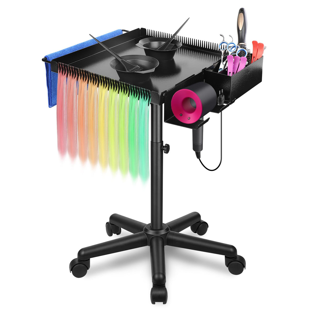Takeashine Rolling Salon Tray front view shows organized tool storage for efficient styling.