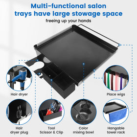 Takeashine Rolling Salon Tray side view highlights height adjustment for standing or seated work.