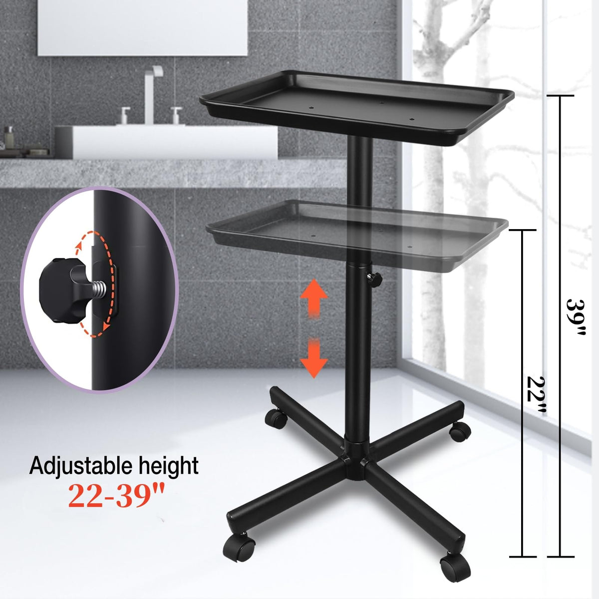 Takeashine Salon Tray adjustable-height provides ergonomic working height.