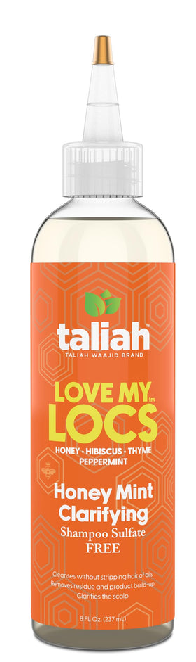 Taliah Waajid Love My Locs Honey Mint Shampoo label highlighting natural ingredients