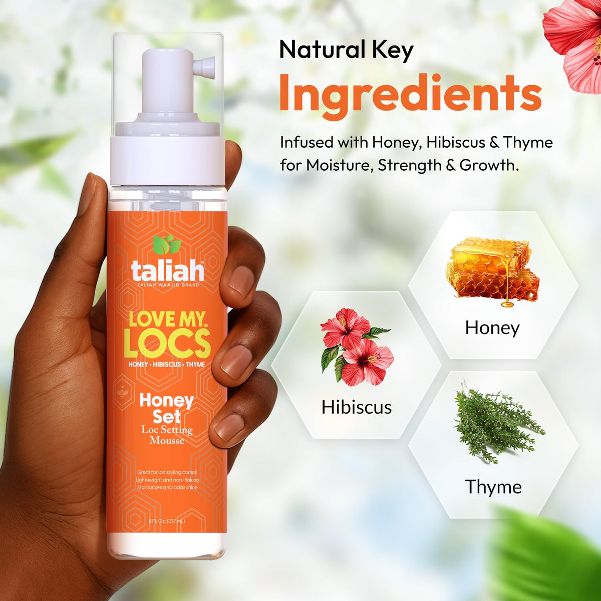 Close view of Taliah Waajid Love My Locs Honey Set label highlighting anti-frizz hold