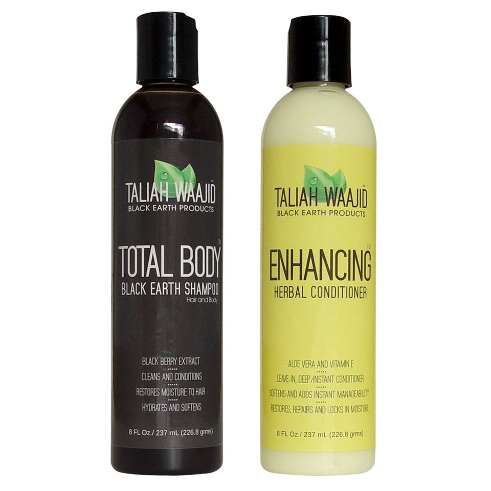 Taliah Waajid Total Body Black Earth Shampoo bottle for gentle cleansing and scalp refreshment.