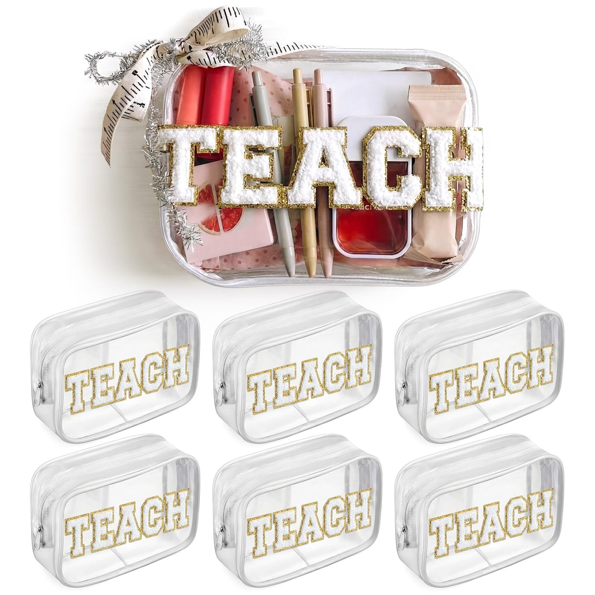 Tallew clear makeup bag with teacher-themed chenille patches for organized cosmetics.