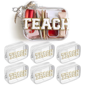 Tallew clear makeup bag with teacher-themed chenille patches for organized cosmetics.