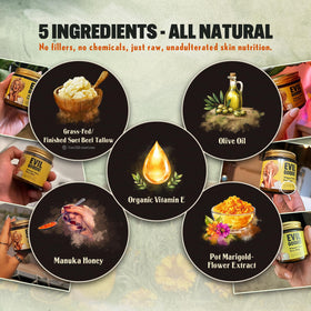 TALLOW HONEY INGREDIENTS in glass jar highlight clean skincare benefits.