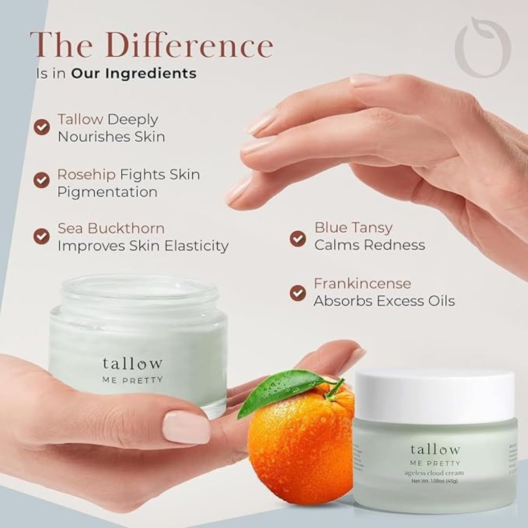 Open jar of Tallow Me Pretty Ageless Cloud Cream shows nourishing formula