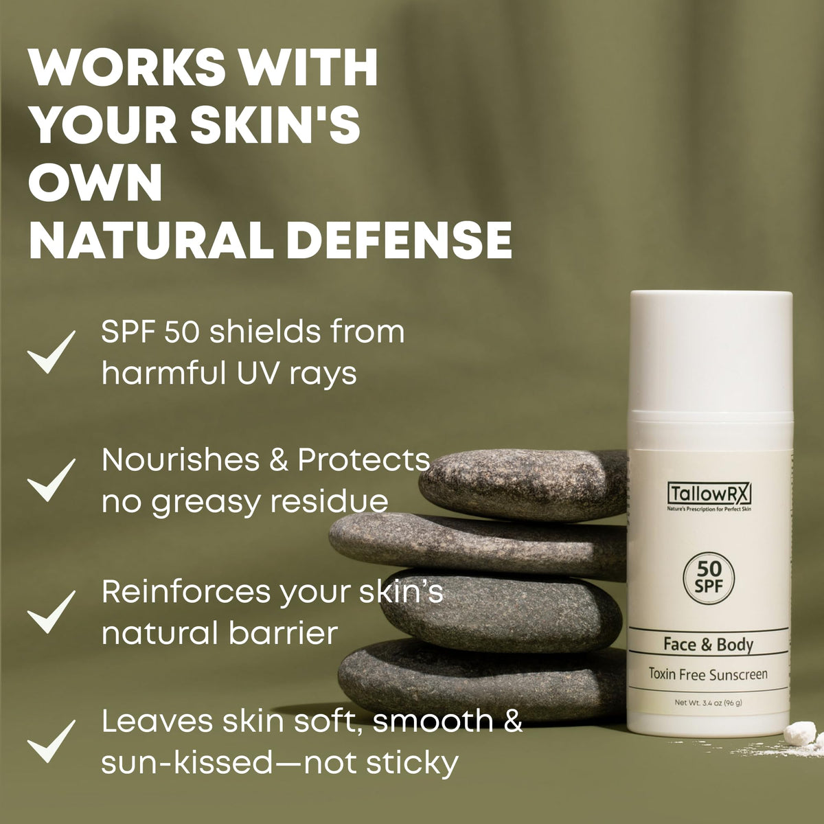 TallowRX sunscreen texture close-up demonstrates non-greasy, lightweight finish.