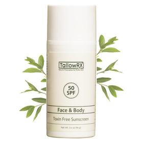 TallowRX sunscreen bottle shows SPF 50 mineral protection for face and body.