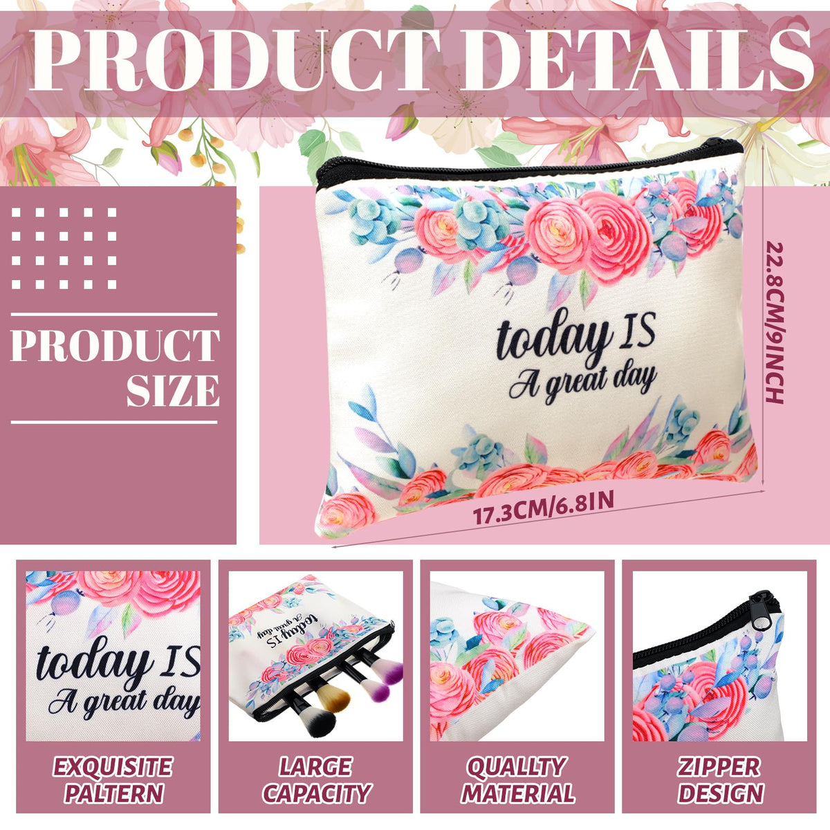 Talltalk makeup bag size 9x5 inches, compact organizer for travel essentials.