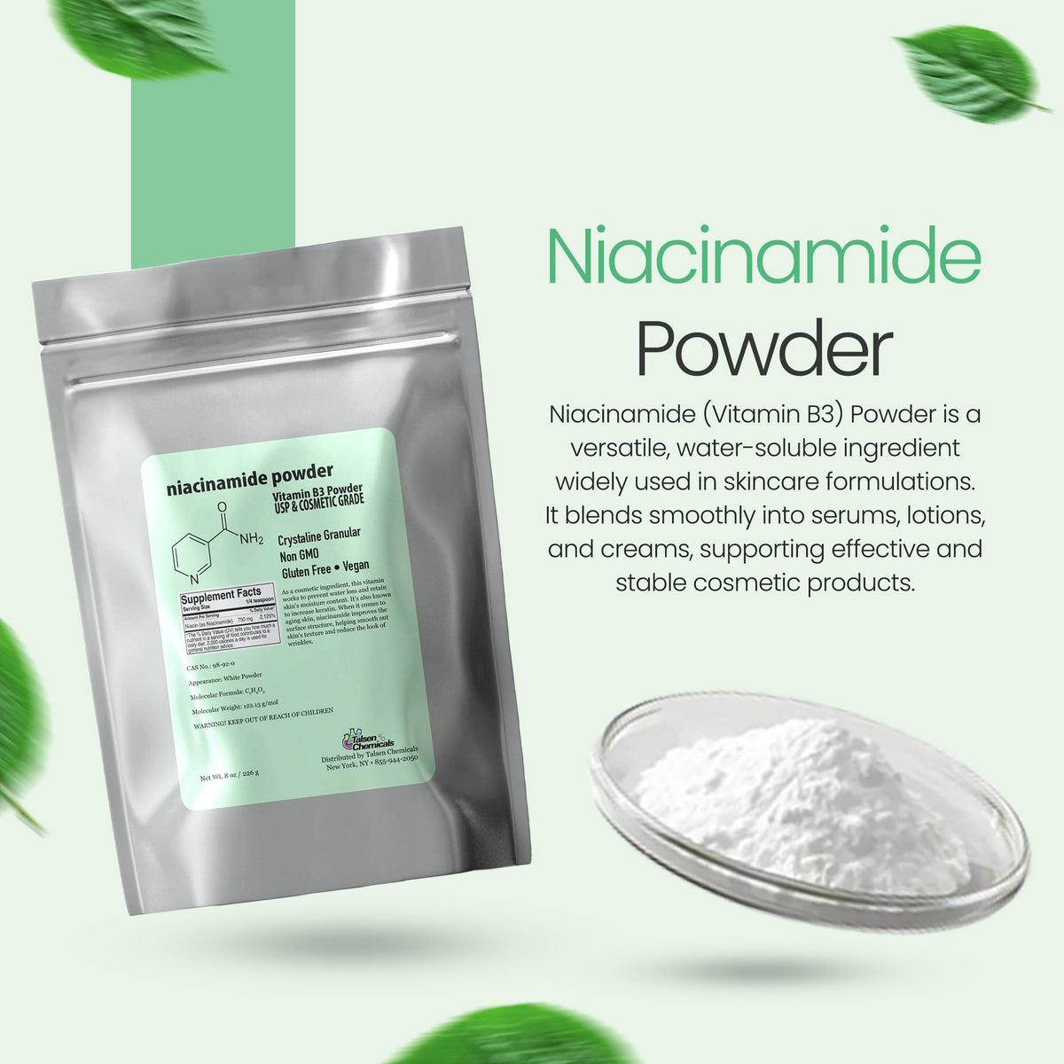 Talsen Chemicals niacinamide powder closeup texture for high purity.