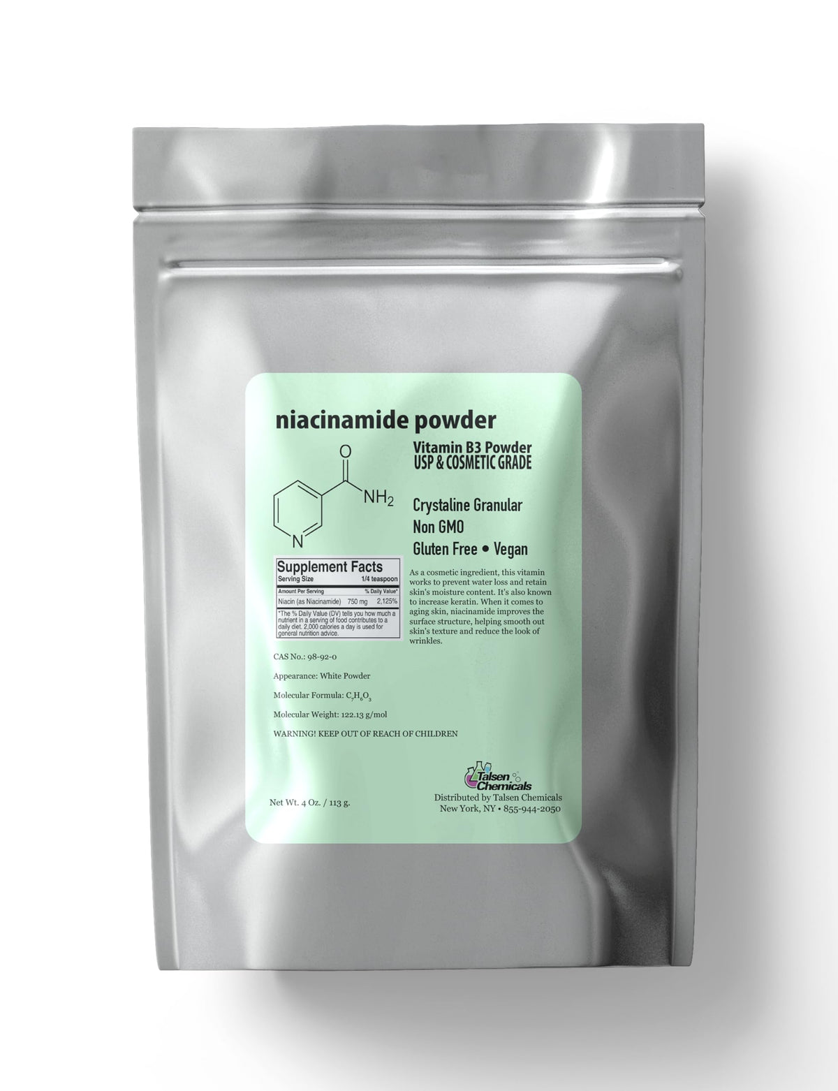 Talsen Chemicals niacinamide powder jar for skincare applications.