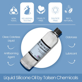Label close-up reveals Talsen Chemicals brand for a safe cosmetic-grade silicone oil.