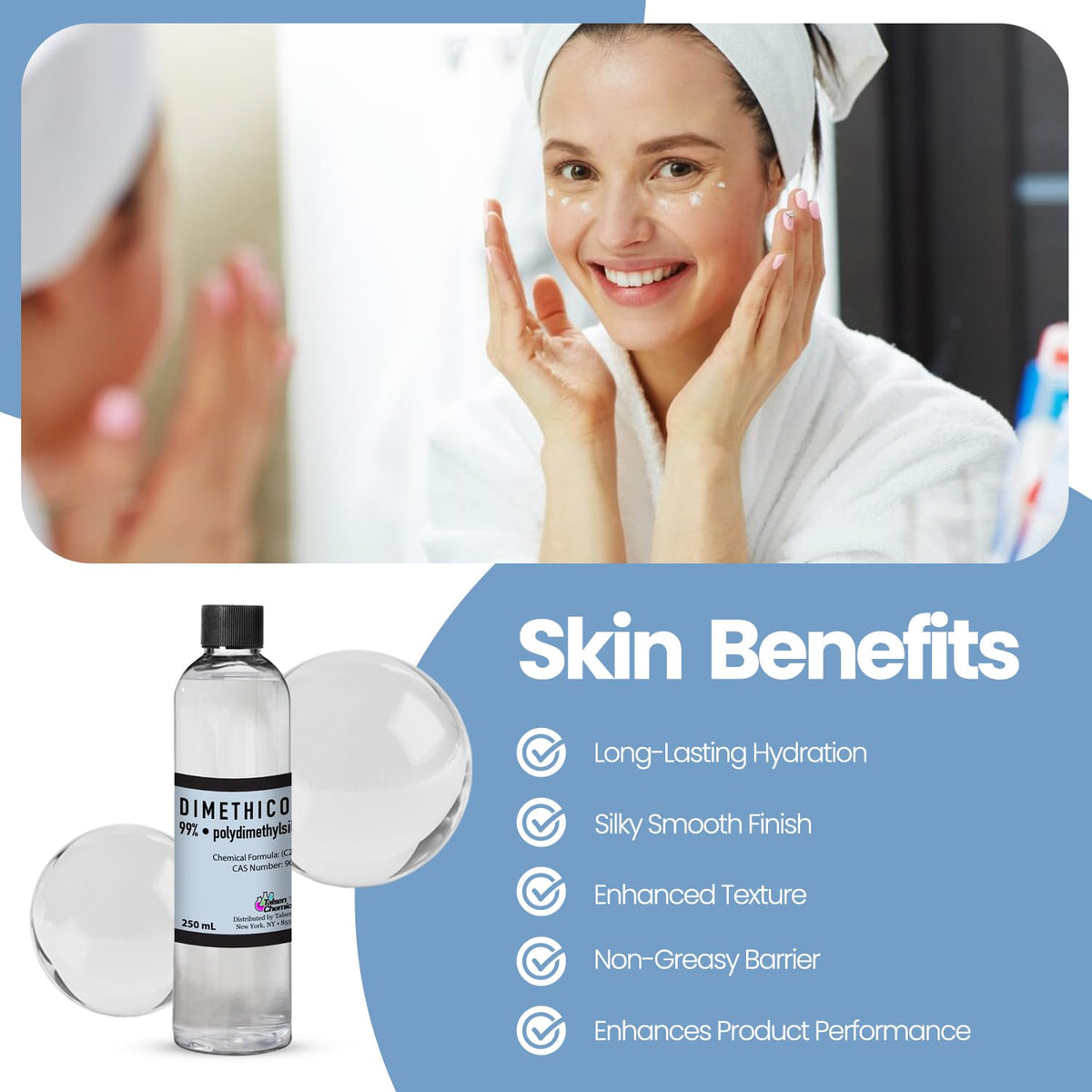 Product packaging and pump lid on Talsen Dimethicone oil indicate convenient use in DIY blends.