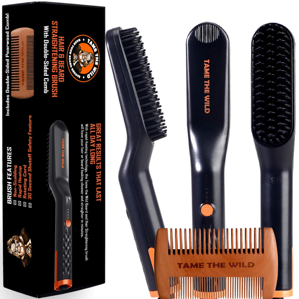 TAME THE WILD beard brush with wooden comb detangles and shapes for a polished look.