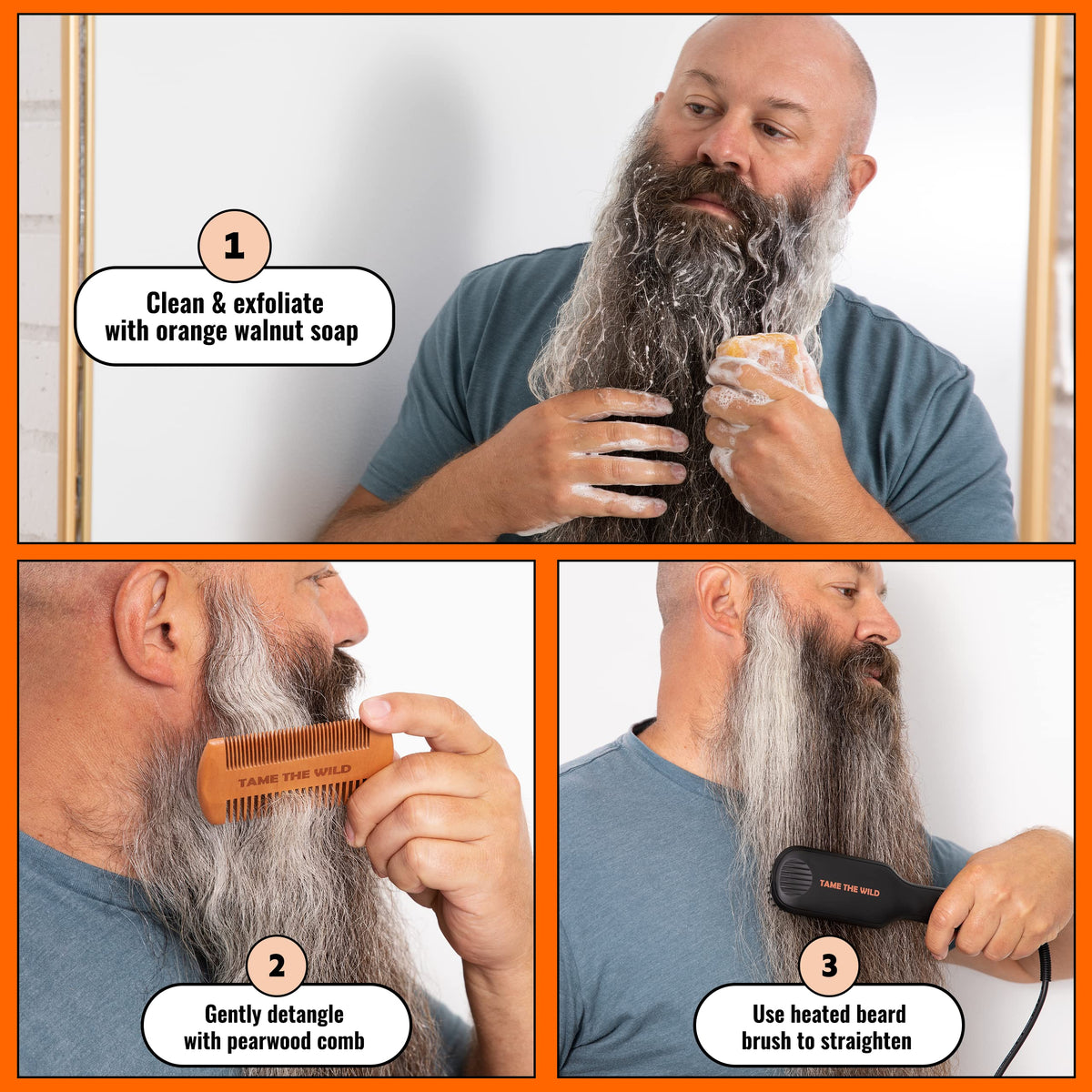 TAME THE WILD beard straightener kit shown in use for quick grooming