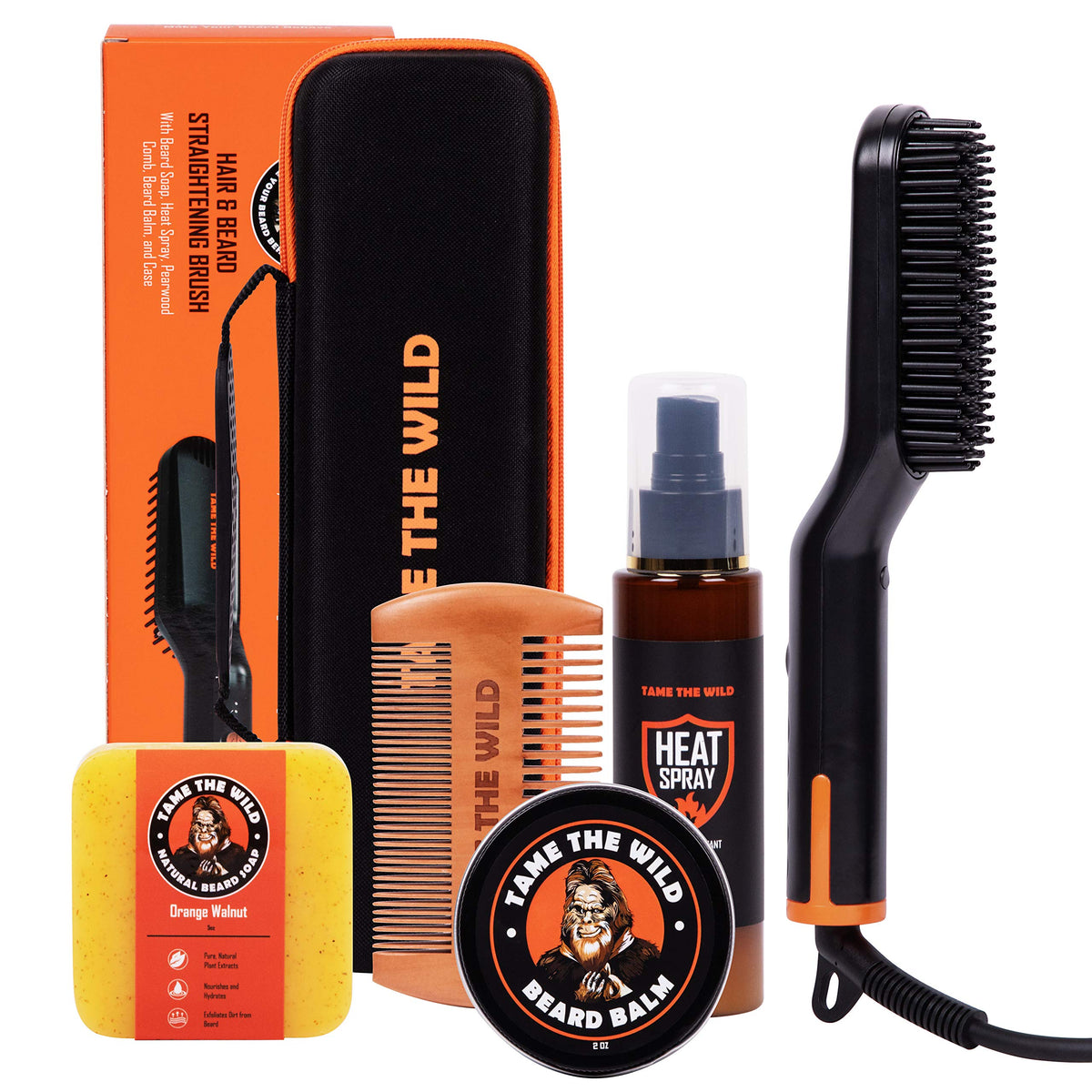 Tame the Wild heated beard brush shown with travel case for quick on-the-go styling