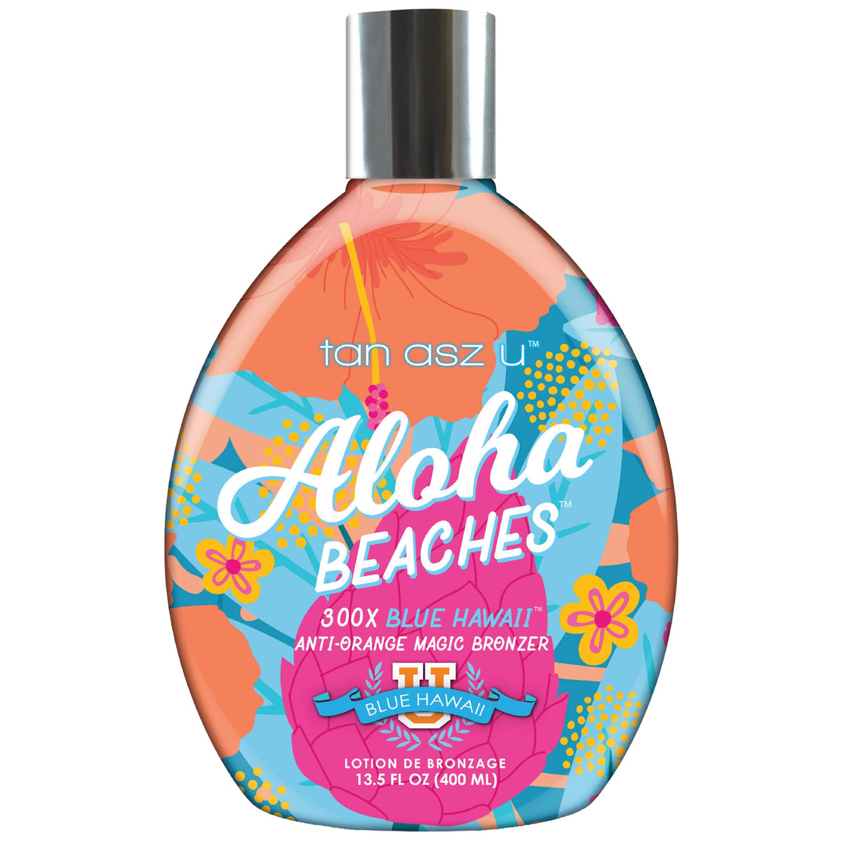 Tan Asz U Aloha Beaches bottle closeup highlights a deep bronzing formula for a radiant tan