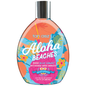 Tan Asz U Aloha Beaches bottle closeup highlights a deep bronzing formula for a radiant tan