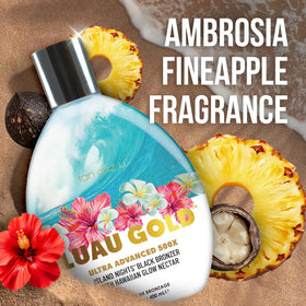 Tan Asz U Luau Gold back label image stresses clean beauty and vegan formula.