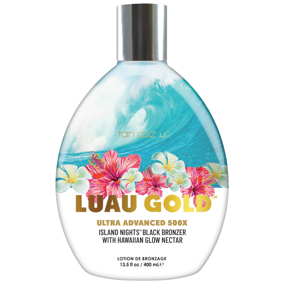 Tan Asz U Luau Gold tanning lotion bottle highlights deep color potential for a tropical glow.