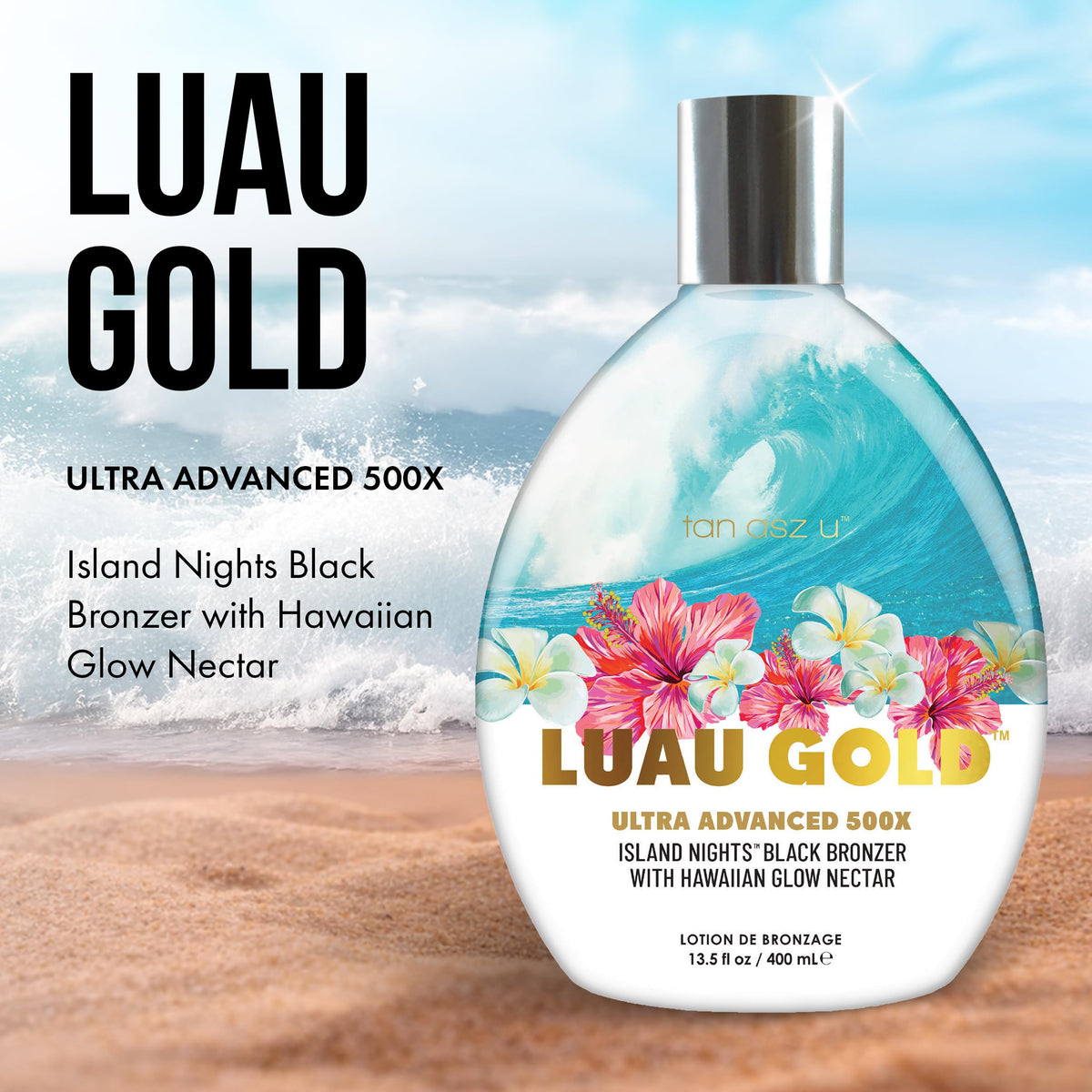 Tan Asz U Luau Gold tanning lotion cap close-up indicates premium packaging for luxe application.