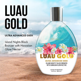 Tan Asz U Luau Gold tanning lotion cap close-up indicates premium packaging for luxe application.