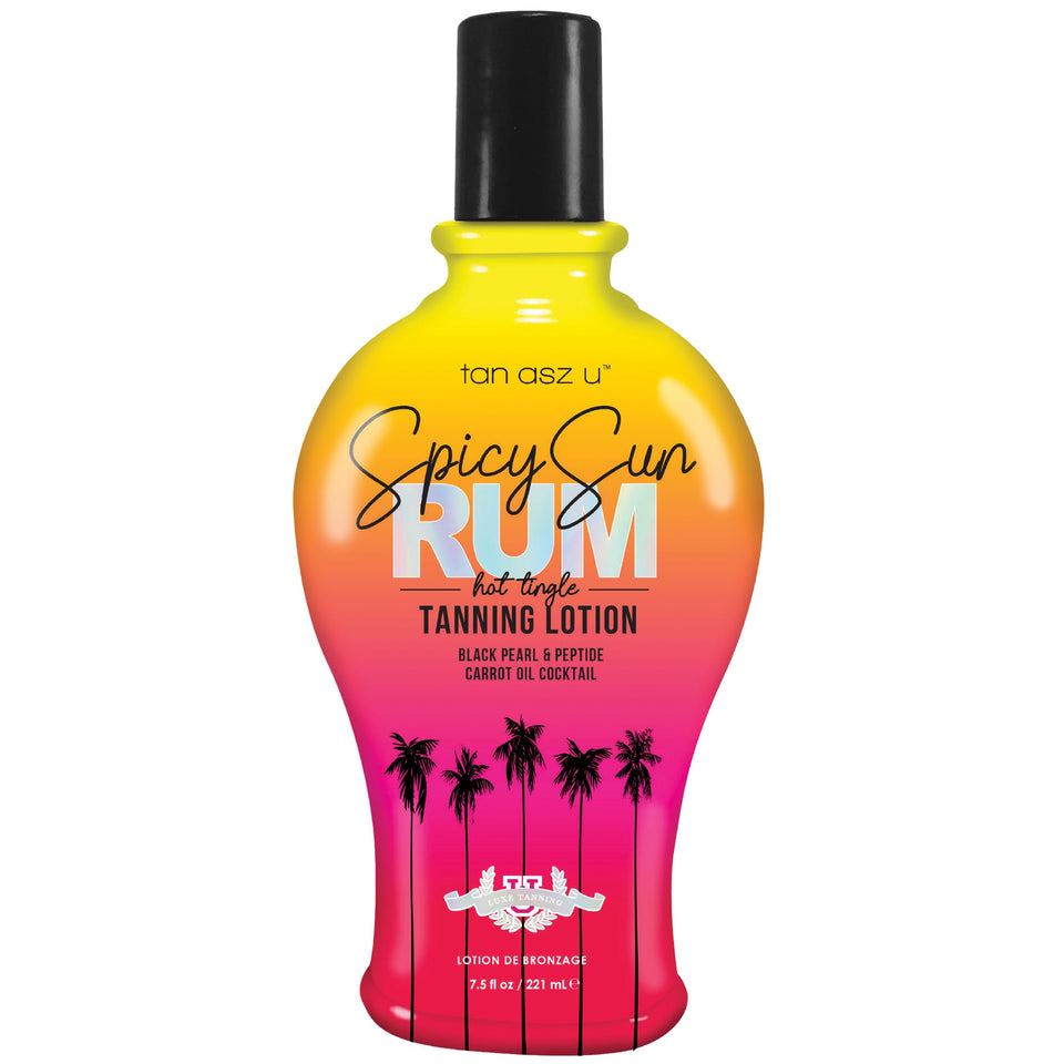 Tan Asz U Spicy Sun Rum hot tingle lotion bottle for deep island glow.