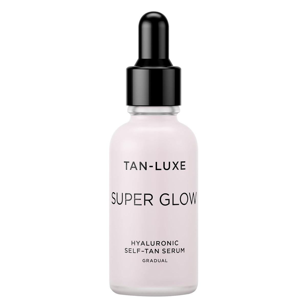 Tan-Luxe Super Glow bottle closeup highlighting hydrating self-tan benefits