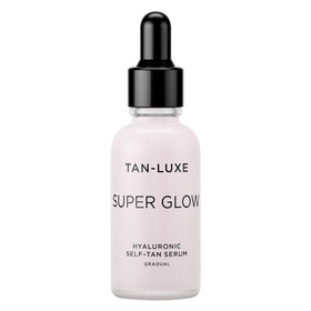 Tan-Luxe Super Glow bottle closeup highlighting hydrating self-tan benefits