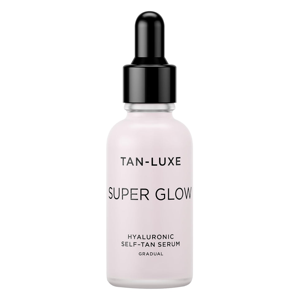 Tan-Luxe Super Glow bottle closeup highlighting hydrating self-tan benefits