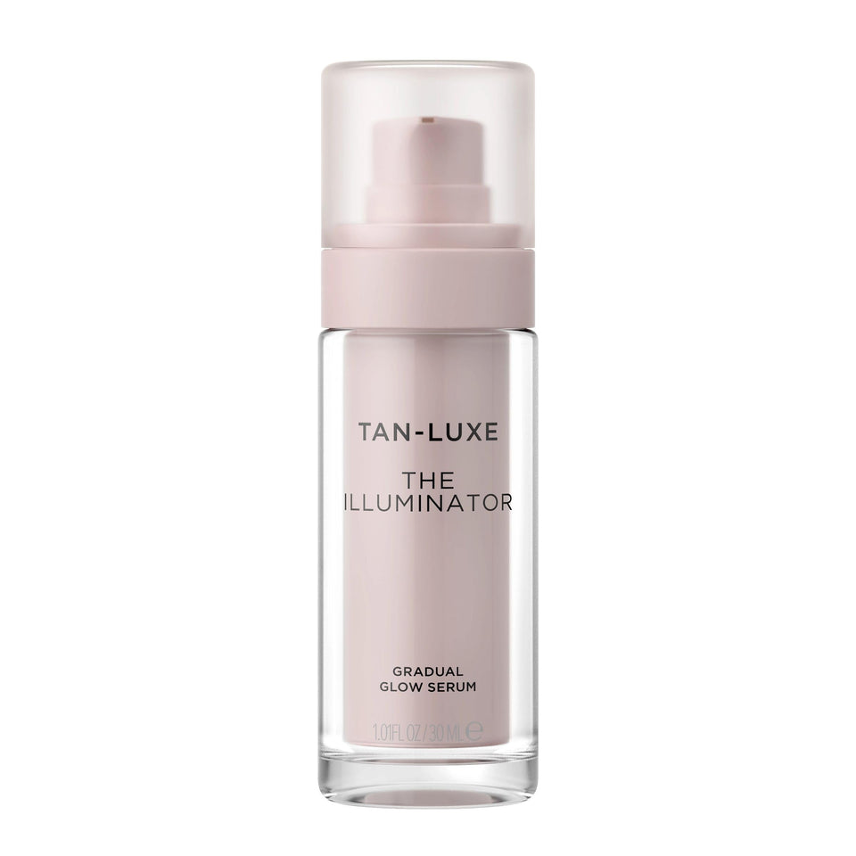 Tan-Luxe The Illuminator bottle close-up shows premium self-tan serum for an even glow.