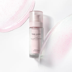 Tan-Luxe Illuminator packaging display emphasizing vegan, cruelty-free skincare.
