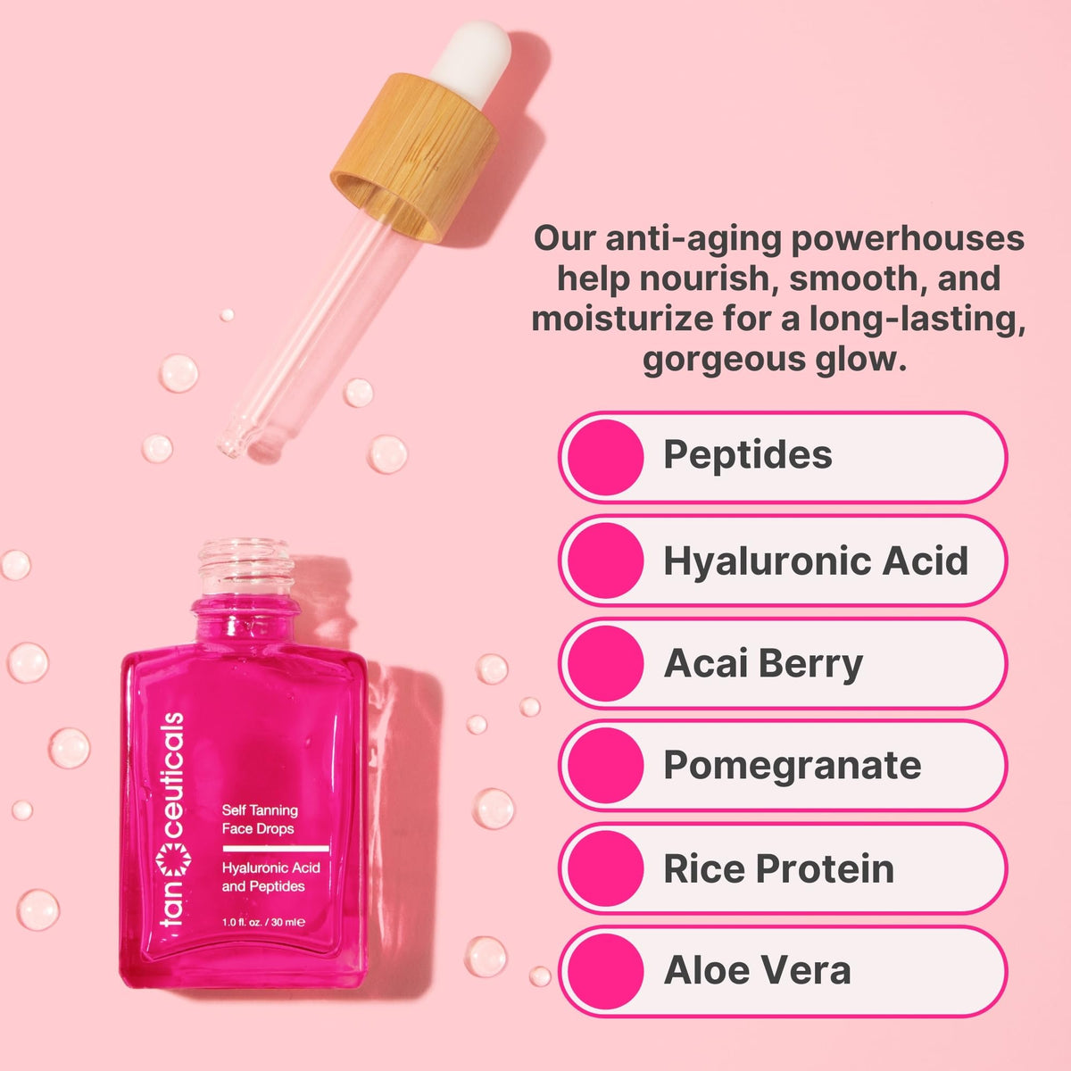 Tanceuticals Self-Tanning Drops close-up with hyaluronic acid and peptides.