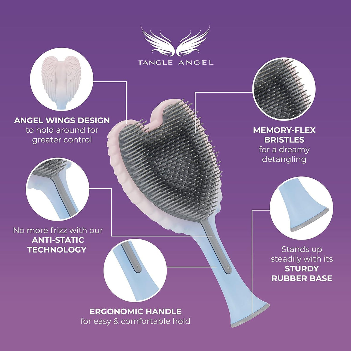 Tangle Angel anti-static brush gliding through hair to reduce flyaways