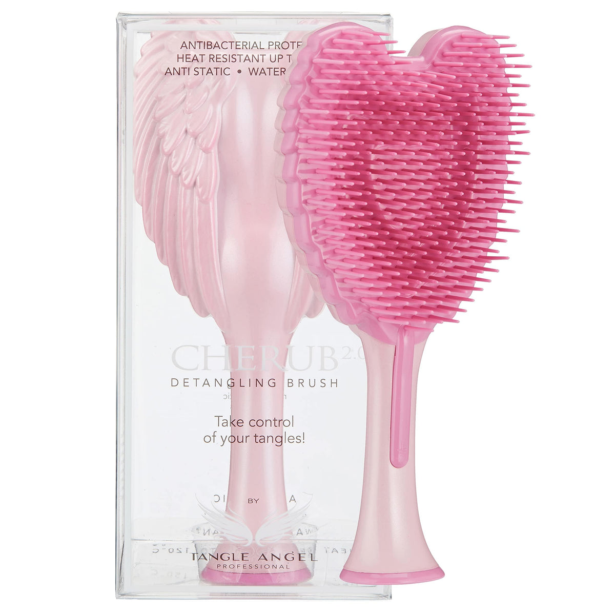 Tangle Angel Cherub gloss pink hairbrush glides through hair for silky detangling.