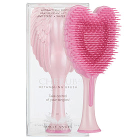 Tangle Angel Cherub gloss pink hairbrush glides through hair for silky detangling.