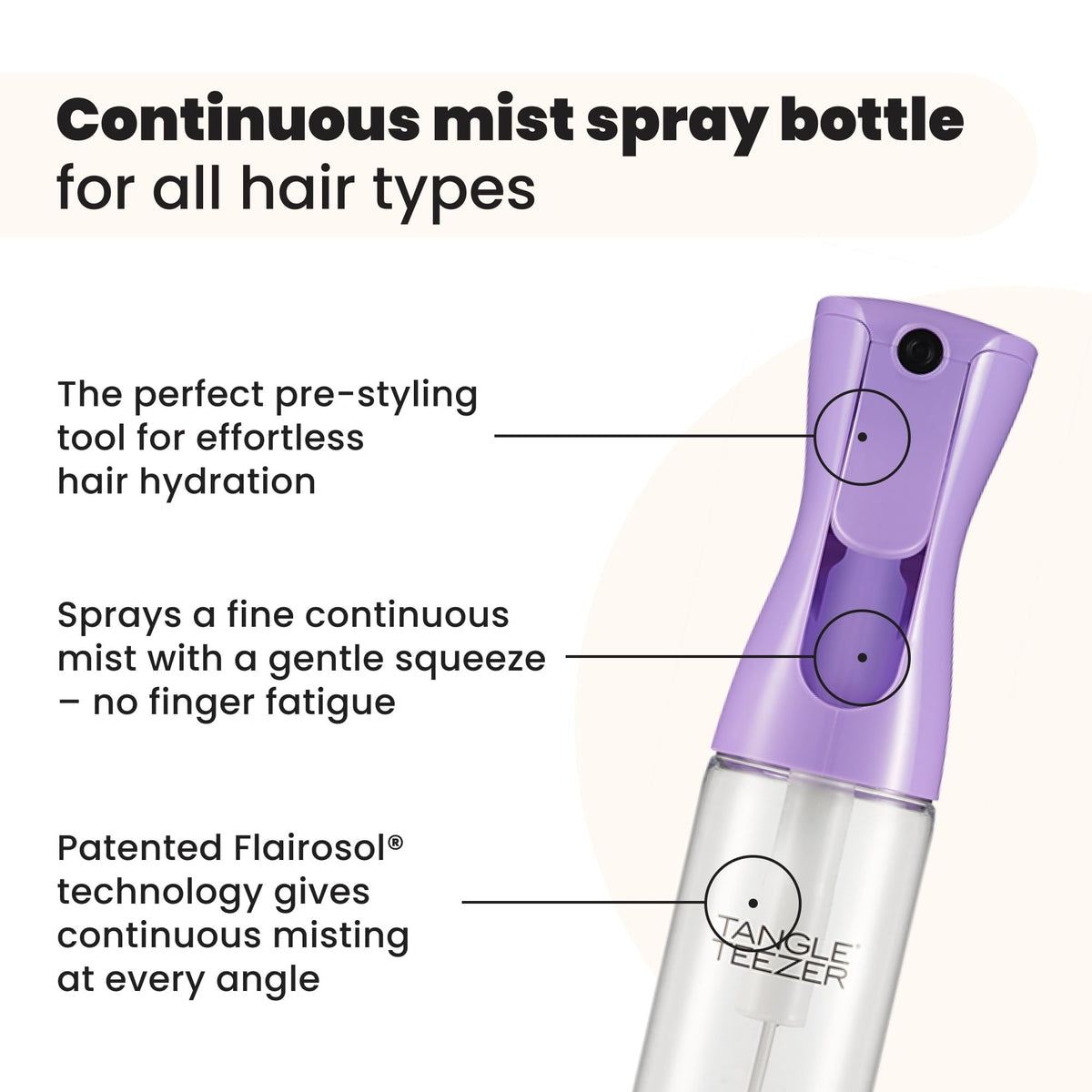 Tangle Teezer Fine Mist Bottle in use on hair for even moisture distribution.