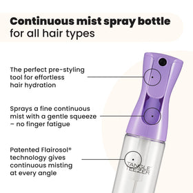 Tangle Teezer Fine Mist Bottle in use on hair for even moisture distribution.
