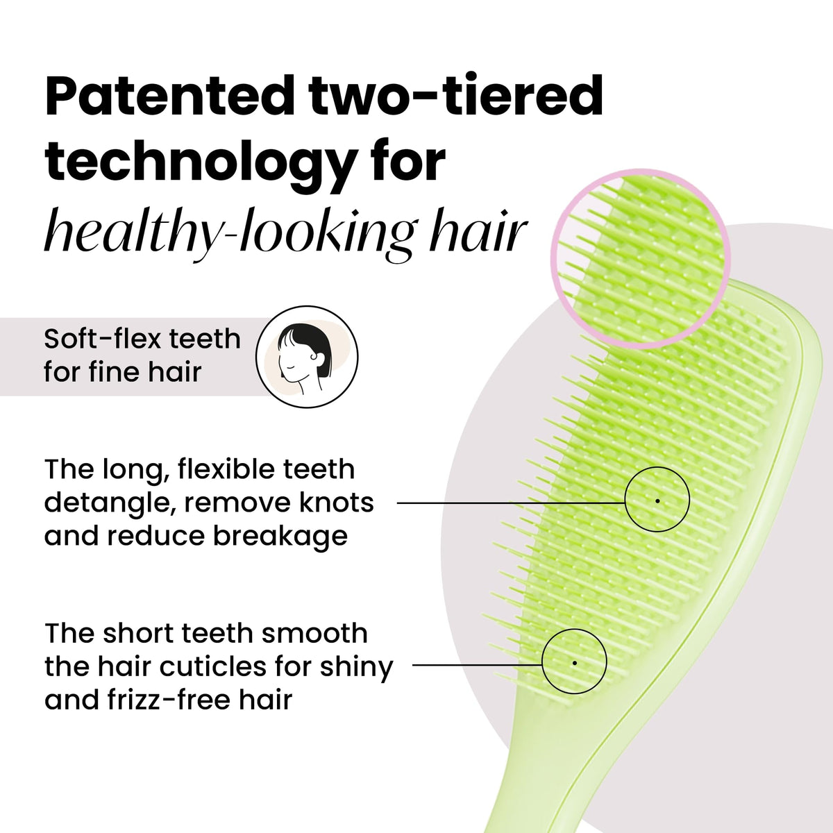 Tangle Teezer Matcha Green plant-based plastic detangler closeup teeth, gentle on color-treated hair.