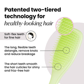 Tangle Teezer Matcha Green plant-based plastic detangler closeup teeth, gentle on color-treated hair.